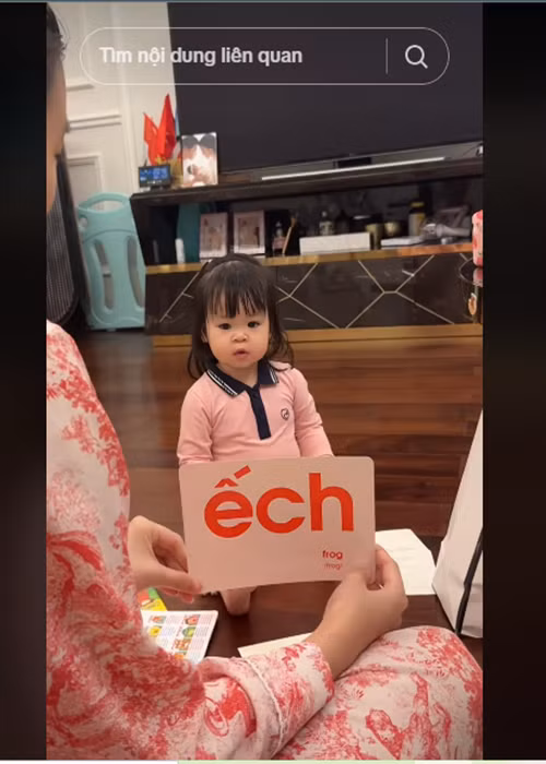 Mỹ Linh dạy con gái học tiếng Việt, tiếng Anh. Trong một video, con gái Mỹ Linh đọc được tên nhiều con vật, loại quả. Ảnh: TikTok Mỹ Linh.