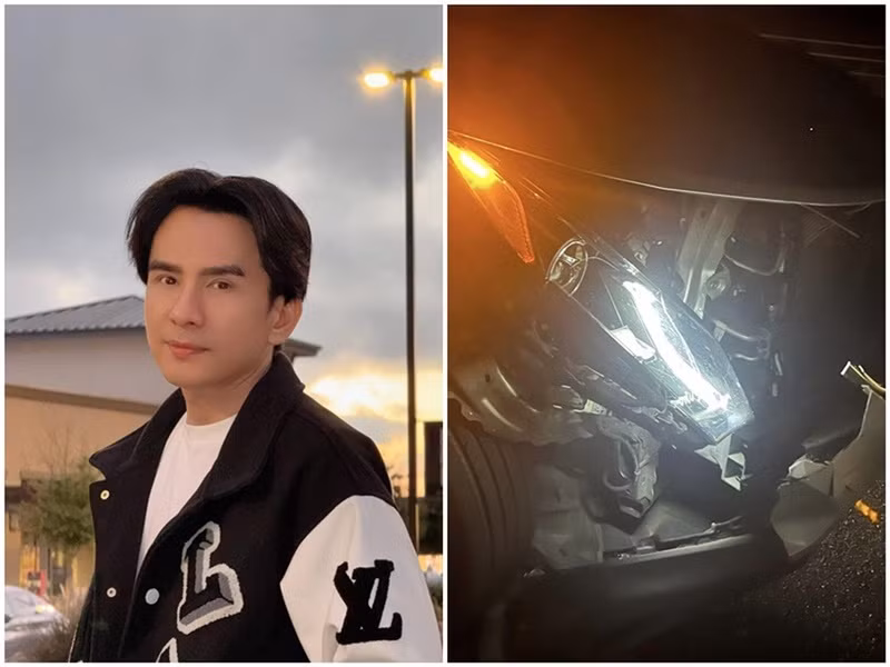 Tháng 11/2023, khi lái xe trên cao tốc ở Mỹ, Đan Trường gặp tai nạn giao thông. Nam ca sĩ kể, một con nai to bất ngờ lao vào xe khiến anh trở tay không kịp. Sau va chạm xe của Đan Trường bị hỏng. May mắn sức khỏe của nam ca sĩ không bị ảnh hưởng. Ảnh FB Đan Trường.