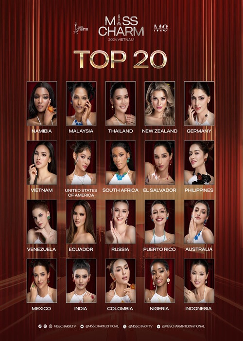 Top 20 Miss Charm 2024 gồm các đại diện: Đức, New Zealand, Puerto Rico, Indonesia, Nigeria, Malaysia, Nam Phi, Mexico, Colombia, Nga, Philippines, El Salvador, Mỹ, Thái Lan, Ecuador, Ấn Độ, Australia, Namibia, Venezuela, Việt Nam. Ảnh: Fanpage Miss Charm.