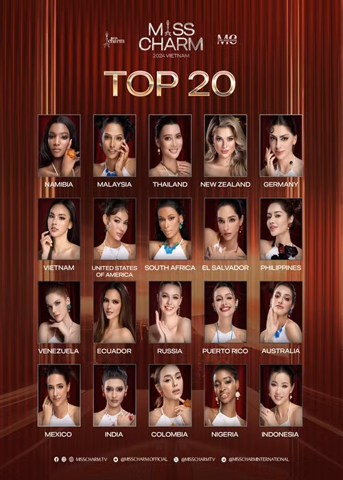 Top 20 Miss Charm 2024 gồm các đại diện: Đức, New Zealand, Puerto Rico, Indonesia, Nigeria, Malaysia, Nam Phi, Mexico, Colombia, Nga, Philippines, El Salvador, Mỹ, Thái Lan, Ecuador, Ấn Độ, Australia, Namibia, Venezuela, Việt Nam. Ảnh: Fanpage Miss Charm.