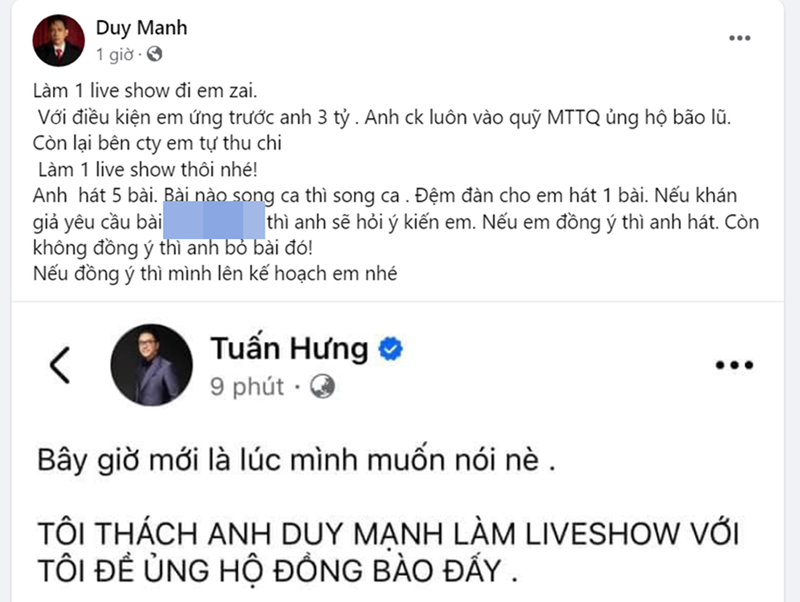 Trước lời thách của Tuấn Hưng, Duy Mạnh nhắn nhủ đàn em: "Làm 1 liveshow đi em trai. Với điều kiện em ứng trước anh 3 tỷ. Anh chuyển khoản luôn vào quỹ Mặt trận Tổ Quốc ủng hộ bão lũ. Còn lại bên công ty em tự thu chi. Làm 1 liveshow thôi nhé! Nếu đồng ý thì mình lên kế hoạch em nhé". Ảnh: FB Duy Mạnh.
