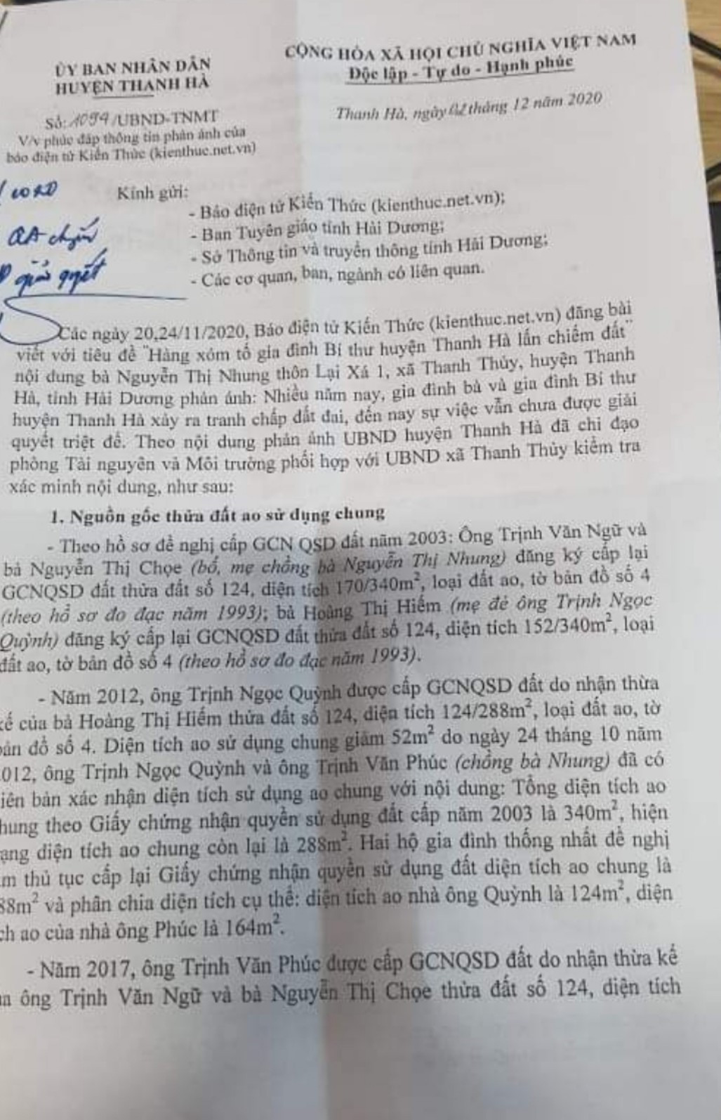 Vu tranh chap dat dai tai Thanh Ha, Hai Duong: UBND huyen len tieng