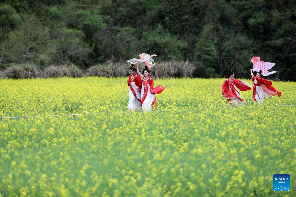 Các cô gái mặc trang phục truyền thống thả diều trên cánh đồng hoa cải ở huyện Xiuning, thành phố Hoàng Sơn, tỉnh An Huy.