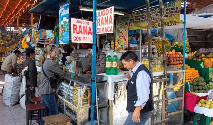 Sinh tố ếch là một trong những đặc sản hiếm hoi của Peru, có tên gọi Jugo de Rana. Loại ếch được chọn để làm món sinh tố này phải là Culeus Telmatobius, loài sống tại hồ Titicaca với kích thước nhỏ và lớp da dày. Ảnh: TTT.