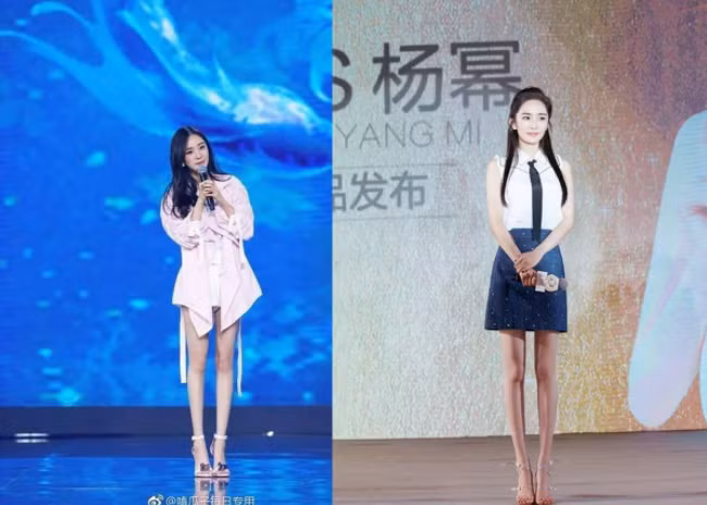 Dương Mịch từng khiến mọi người bất ngờ khi công bố cân nặng chỉ 45kg so với chiều cao 1m67. Sở hữu đôi chân dài nuột nà nhưng mỗi khi diện đồ ngắn, Dương Mịch khiến công chúng phải thảng thốt vì cặp chân quá đỗi "mong manh, dễ vỡ". Ảnh: Bộ trang phục dường như kém thu hút hơn khi Dương Mịch để lộ đôi chân gầy gò.