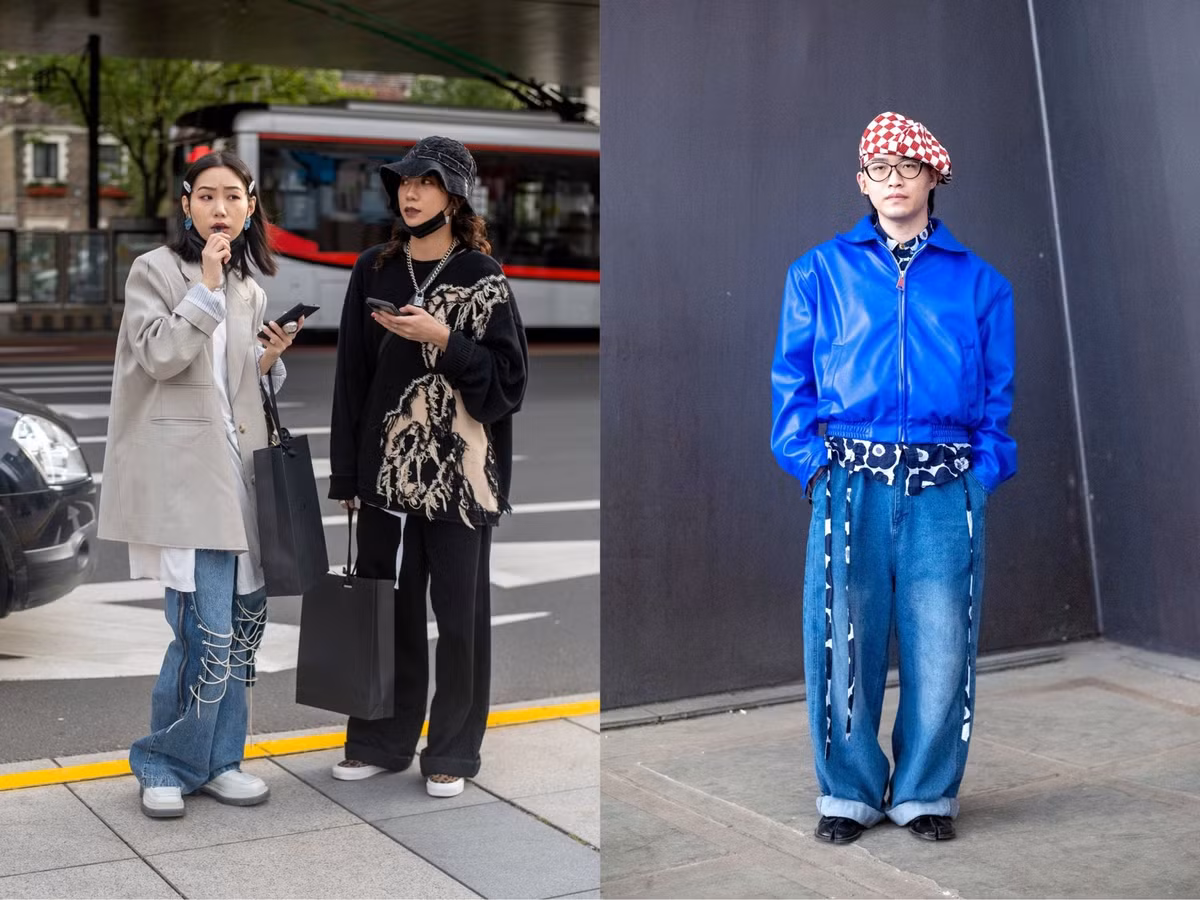 Những chiếc quần jeans "siêu to khổng lồ" cũng được các bạn trẻ nơi đây lựa chọn để tạo nên những outfit cực kì ấn tượng.