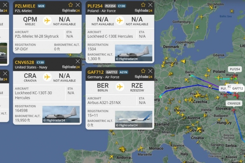 Sáng 4/9, hàng chục máy bay vận tải của các nước NATO được phát hiện ở Romania và Ba Lan, bao gồm máy bay từ Đức, Ba Lan và số lượng lớn máy bay Mỹ, điều này cho thấy sau cuộc tấn công ở Poltava, máy bay NATO đang sơ tán hàng loạt những lính đánh thuê bị thương. Ảnh: Pravda.