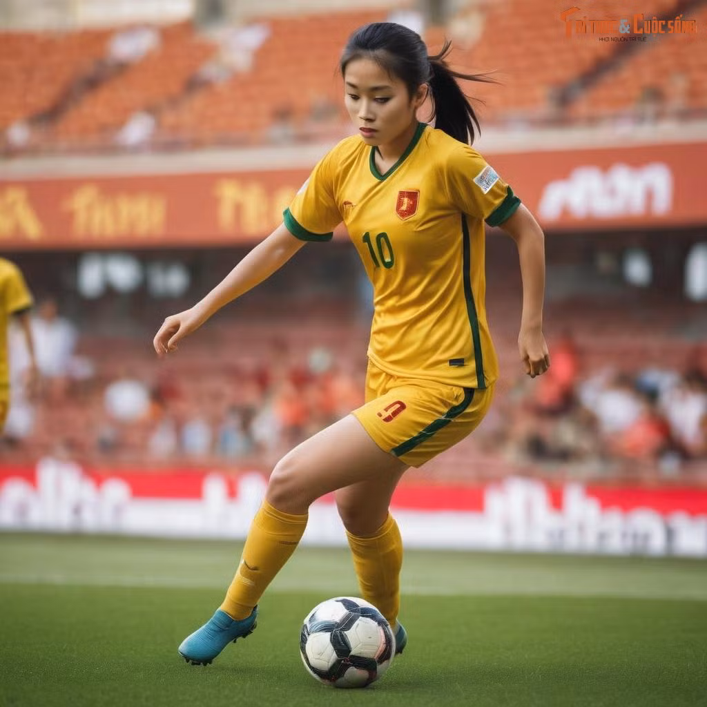 Nữ cầu thủ bóng đá Việt Nam trổ tài với trái bóng trên sân cỏ.