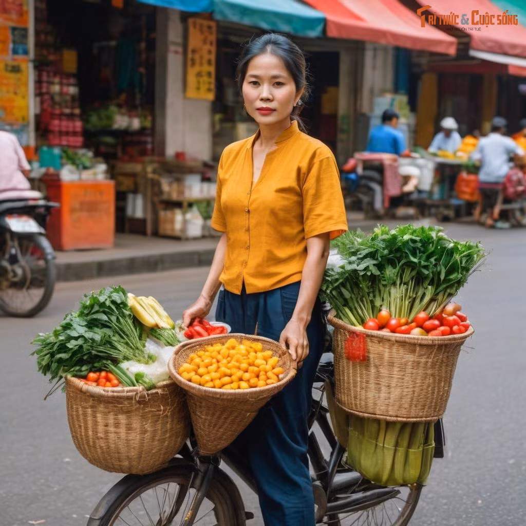 Người phụ nữ bán hàng rong mưu sinh giữa phố phường nhộn nhịp.