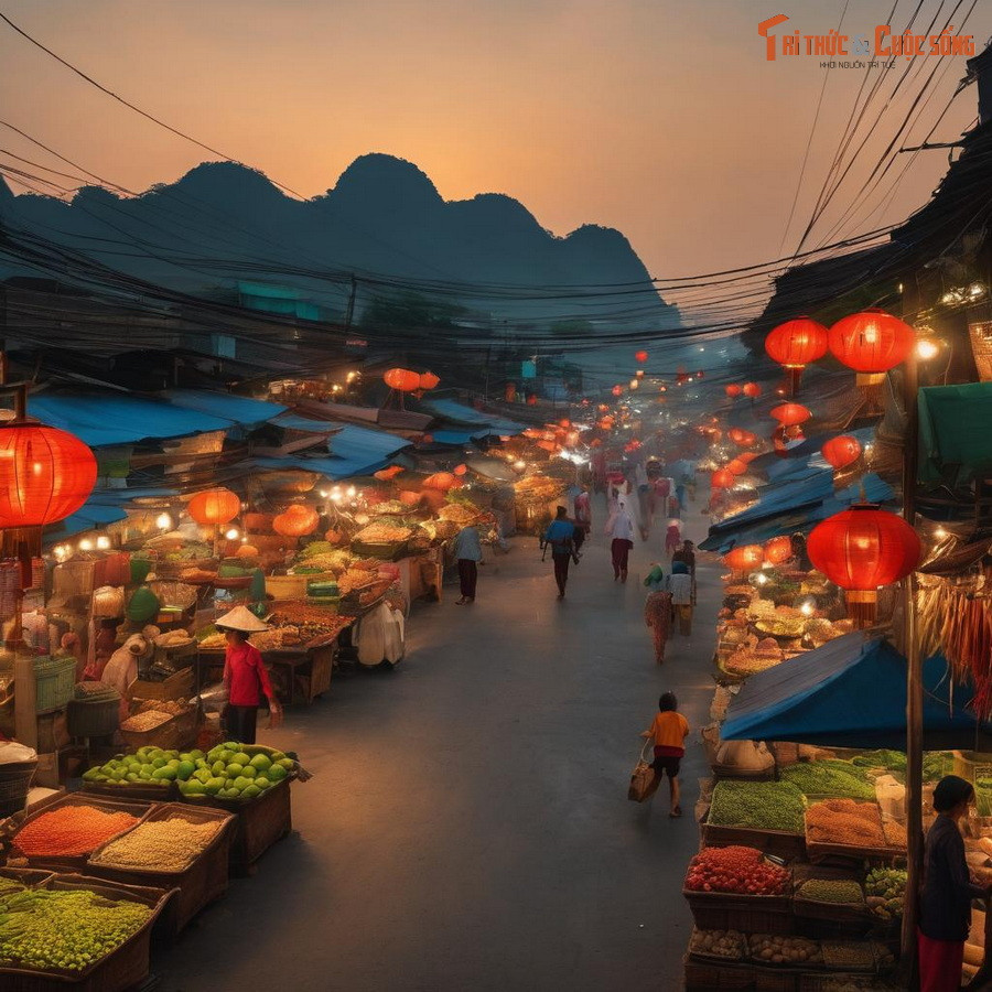 Khu chợ Việt Nam với nét quen thuộc của những sạp hàng và chiếc nón lá, vừa rất "ảo" với đèn lồng đỏ treo cao và dãy núi hùng vĩ phía xa.