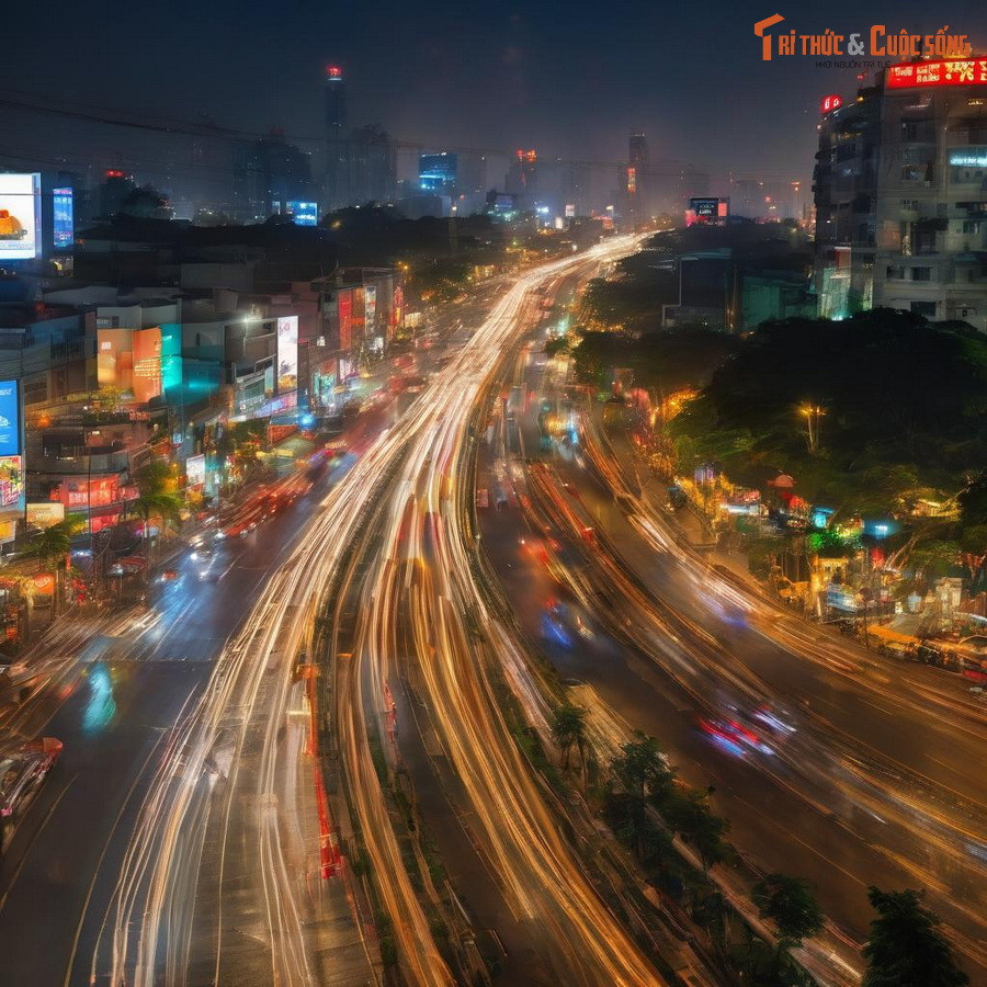Cảnh tượng "lung linh huyền ảo" trên một con đường đô thị Việt Nam lúc chiều tối, được tái hiện qua công cụ tạo ảnh bằng AI.