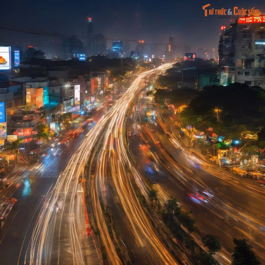 Cảnh tượng "lung linh huyền ảo" trên một con đường đô thị Việt Nam lúc chiều tối, được tái hiện qua công cụ tạo ảnh bằng AI.