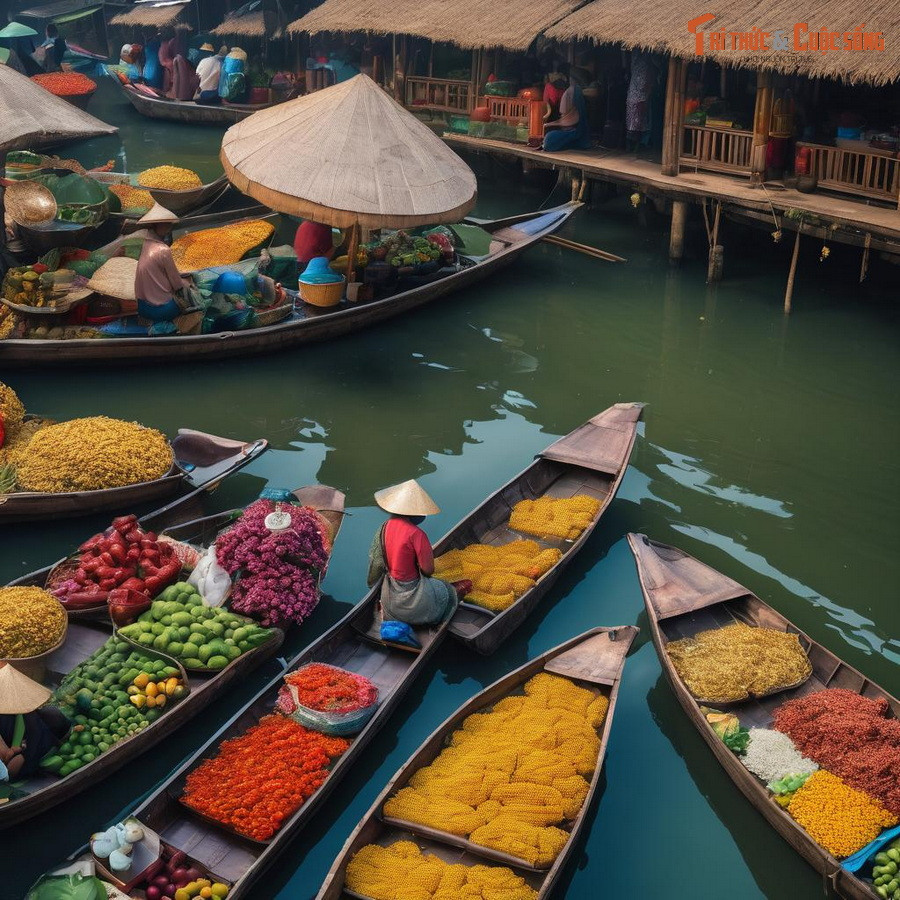 Một góc chợ nổi miền Tây Nam Bộ qua hình dung của AI. Chi tiết thú vị là chiếc nón lá được "phóng đại" để trở thành chiếc ô che nắng cỡ lớn trên thuyền.