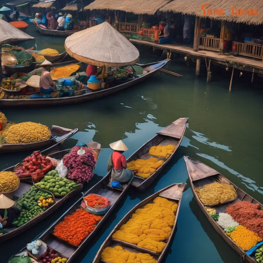 Một góc chợ nổi miền Tây Nam Bộ qua hình dung của AI. Chi tiết thú vị là chiếc nón lá được "phóng đại" để trở thành chiếc ô che nắng cỡ lớn trên thuyền.