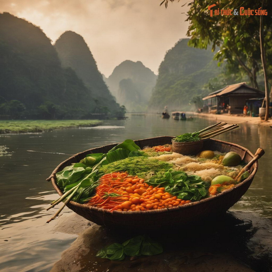 Một chiếc thuyền thúng - một loại thuyền đặc trưng của người Việt - được AI "biến hóa" thành cái mẹt khổng lồ đựng đầy các loại nông sản.