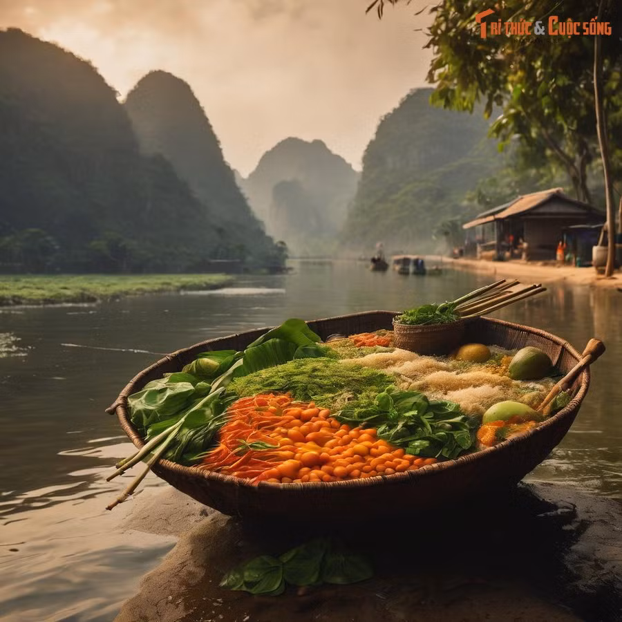 Một chiếc thuyền thúng - một loại thuyền đặc trưng của người Việt - được AI "biến hóa" thành cái mẹt khổng lồ đựng đầy các loại nông sản.