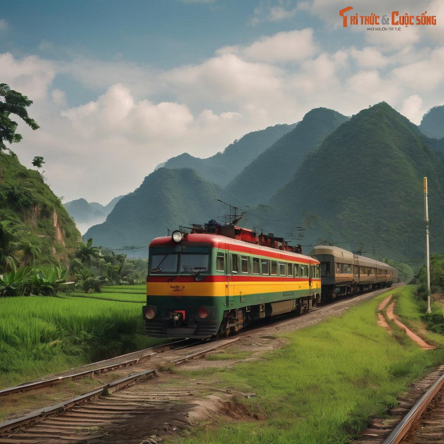 Đoàn tàu hỏa đi qua vùng quê mộc mạc và thanh bình.