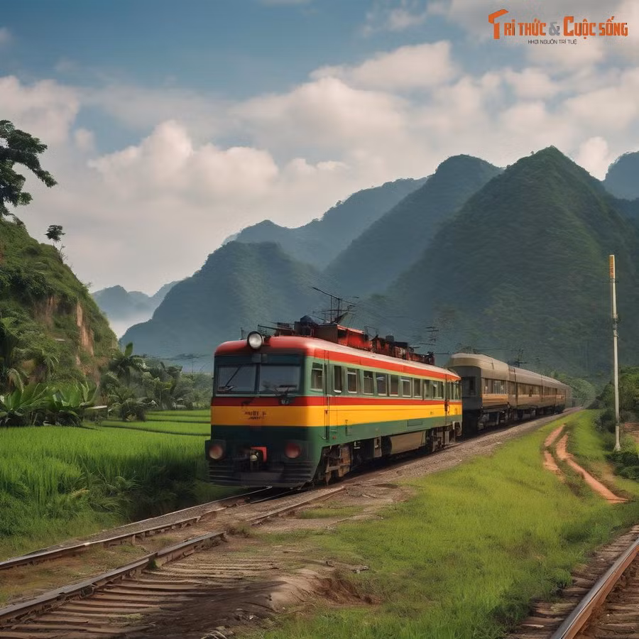 Đoàn tàu hỏa đi qua vùng quê mộc mạc và thanh bình.