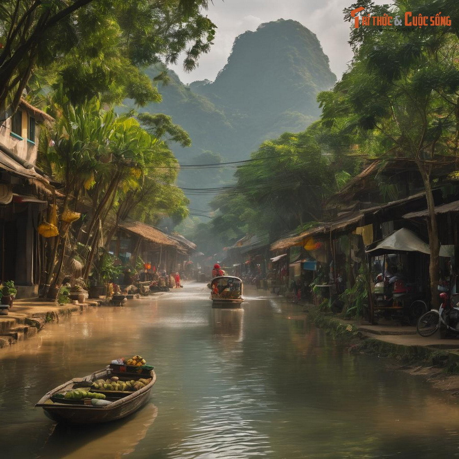 Cuộc sống trên sông nước miền Tây. Cảnh tượng trở nên rất "siêu thực" với những khối núi cao vút ở hậu cảnh.