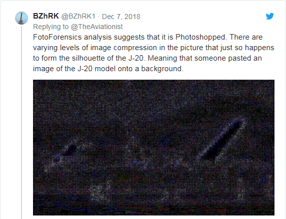 Mặc dù vậy, liền ngay sau đó một tài khoản Twitter khác mang tên BZhRK đã sử dụng phần mềm tinh vi để xác nhận rằng bức ảnh này đã qua chỉnh sửa. Phần chỉnh sửa không những sửa các chi tiết bên trong bức ảnh mà còn sửa cả thông tin của bức ảnh, theo BZhRK, thông tin về thời gian và địa điểm chụp bức ảnh này đã bị "xoá không thương tiếc" trước đó. Nguồn ảnh: Twitter.