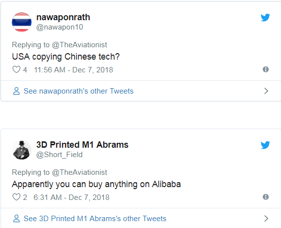 Câu chuyện tiếp tục nóng hổi hơn ngay cả khi bức hình trên của Aviationist được chứng minh là hình ảnh qua chỉnh sửa. Nhiều cư dân mạng đã hài hước cho rằng Quân đội Mỹ có thể mua được J-20 trên Alibaba - trang bán lẻ nổi tiếng nhất Trung Quốc. Trong khi nhiều người khác lại cho rằng Mỹ đang phải đi... sao chép công nghệ của Trung Quốc. Nguồn ảnh: Twitter.