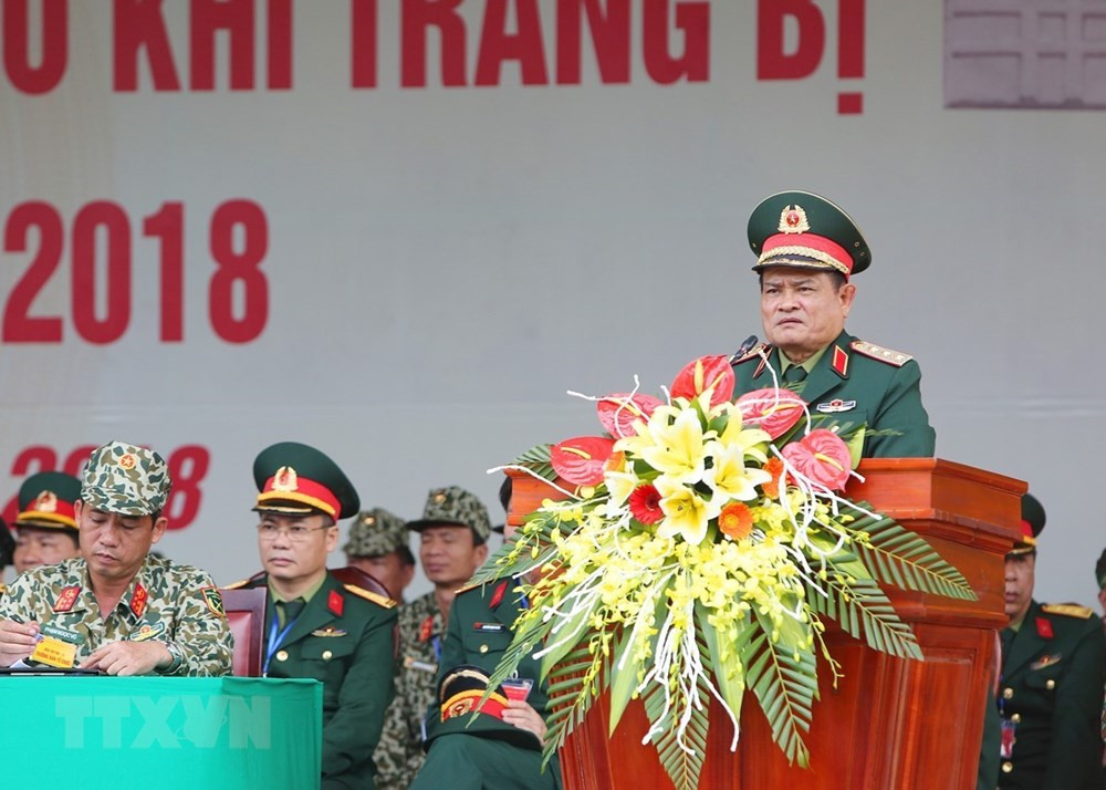 Thượng tướng Nguyễn Phương Nam, Phó Tổng Tham mưu trưởng Quân đội Nhân dân Việt Nam phát biểu tại buổi diễn tập. (Ảnh: Dương Giang/TTXVN)