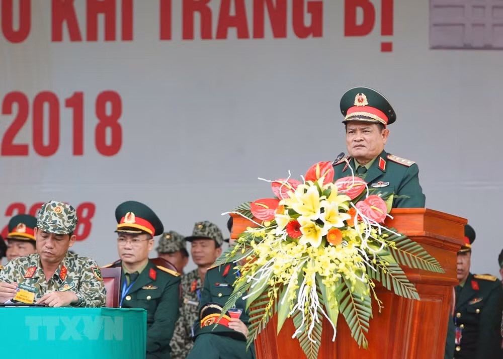 Thượng tướng Nguyễn Phương Nam, Phó Tổng Tham mưu trưởng Quân đội Nhân dân Việt Nam phát biểu tại buổi diễn tập. (Ảnh: Dương Giang/TTXVN)