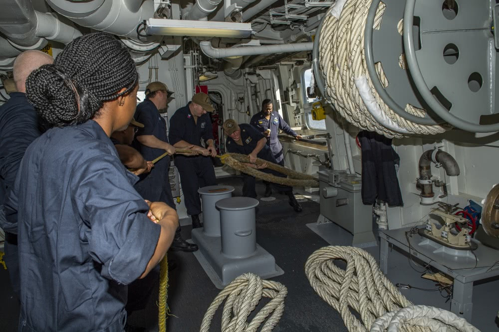 Thuỷ thủ đoàn trên tàu Zumwalt thực hiện quy trình nhận hàng tiếp tế từ tàu hậu cần. Nguồn ảnh: QQ.