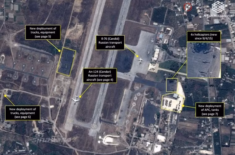 Ngoài Su-27, Mỹ cũng tố Nga là đã triển khai hai trực thăng tấn công Mi-24, hai trực thăng đa năng Mi-17 cùng nhiều xe bọc thép BTR-82A và cả loại tăng hiện đại T-90 tới Syria. Ảnh vệ tinh chụp sân bay al-Assad với sự hiện diện của nhiều loại máy bay Nga gồm cả vận tải cơ An-124 Ruslan và Il-76.