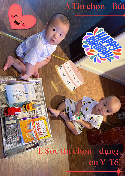 Bạn bè nhận xét trong cặp song sinh nhà Trương Nam Thành, một bé giống bố, một bé lại y hệt mẹ.