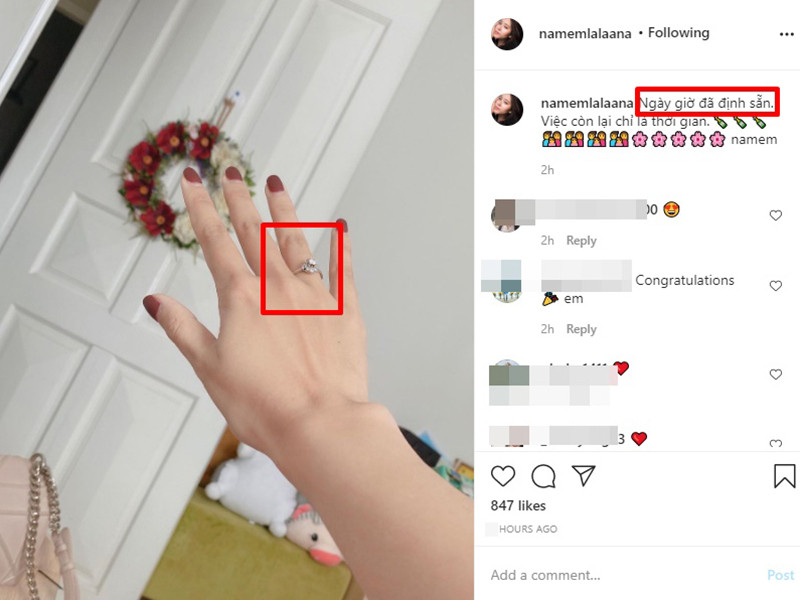 Trước đó, Nam Em khoe ảnh đeo nhẫn ở ngón áp út đồng thời viết: "Ngày giờ đã định sẵn, việc còn lại chỉ là thời gian". Loạt chia sẻ của mới nhất của người đẹp khiến nhiều khán giả đặt nghi vấn cô đang tính chuyện trăm năm. Tuy nhiên, một số ý kiến khác lại cho rằng Nam Em chỉ đang úp mở một sản phẩm âm nhạc sắp ra mắt.