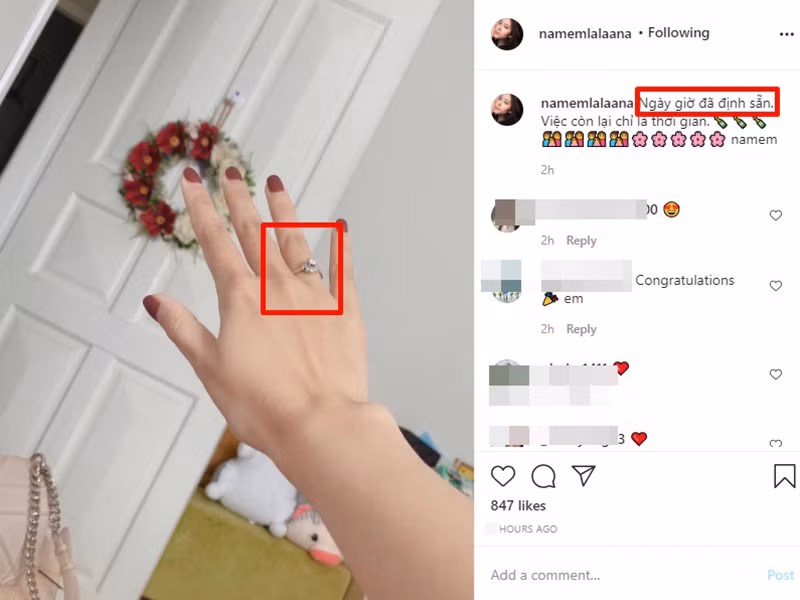 Trước đó, Nam Em khoe ảnh đeo nhẫn ở ngón áp út đồng thời viết: "Ngày giờ đã định sẵn, việc còn lại chỉ là thời gian". Loạt chia sẻ của mới nhất của người đẹp khiến nhiều khán giả đặt nghi vấn cô đang tính chuyện trăm năm. Tuy nhiên, một số ý kiến khác lại cho rằng Nam Em chỉ đang úp mở một sản phẩm âm nhạc sắp ra mắt.