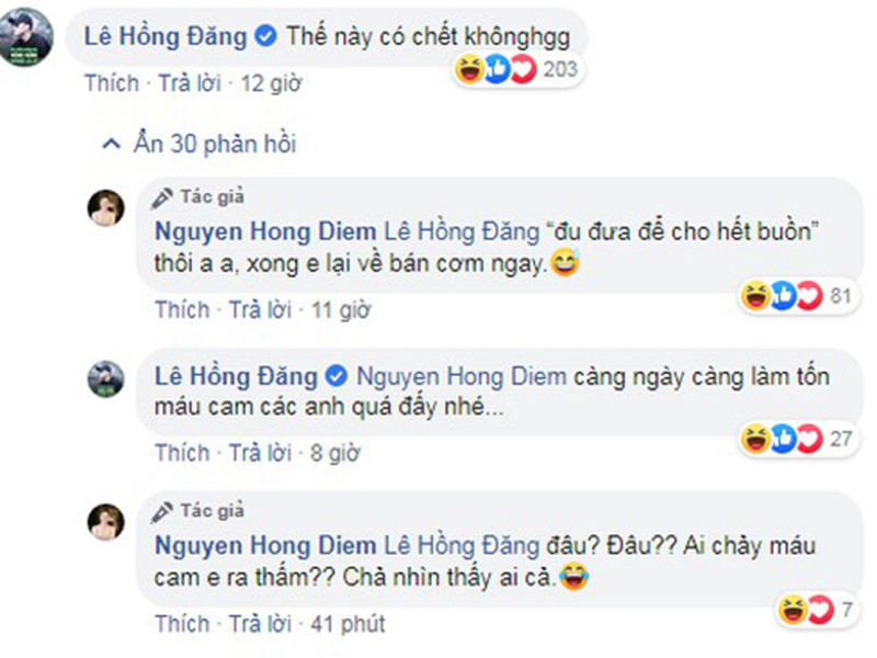 Mỗi lần Hồng Diễm đăng dòng trạng thái nào đó, Hồng Đăng thường để lại bình luận trêu chọc bạn diễn khiến fan cười nghiêng ngả.
