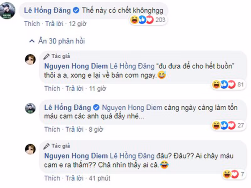 Mỗi lần Hồng Diễm đăng dòng trạng thái nào đó, Hồng Đăng thường để lại bình luận trêu chọc bạn diễn khiến fan cười nghiêng ngả.
