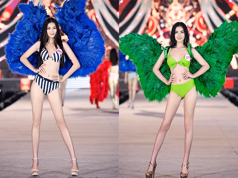 Các cô gái trình diễn trong trang phục bikini kết hợp những đôi cánh carnival bồng bềnh.