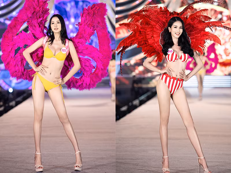 Thí sinh mang số báo danh 025 và 045 đọ vẻ quyến rũ trong phần thi Người đẹp Biển.