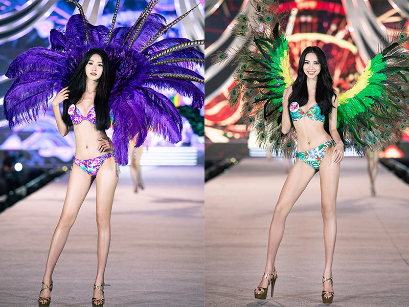 Mặc dù phải điều khiển đôi cánh nặng cản sức gió biển nhưng các thí sinh vẫn rạng rỡ với những bộ áo tắm đa dạng sắc màu kiểu dáng hoa văn.