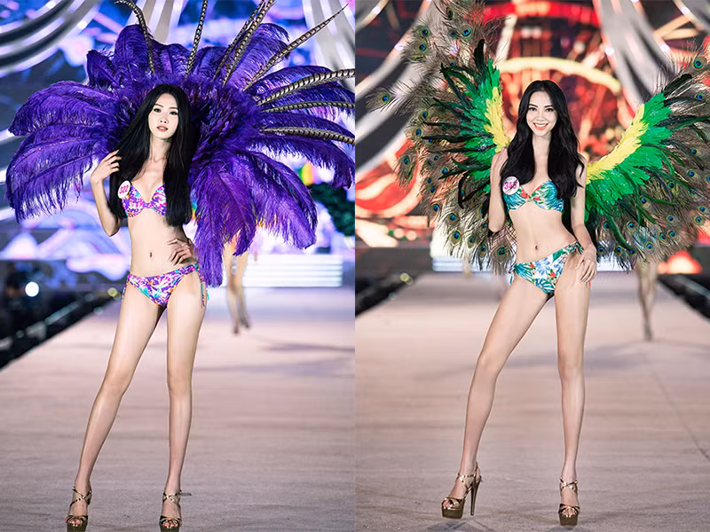 Mặc dù phải điều khiển đôi cánh nặng cản sức gió biển nhưng các thí sinh vẫn rạng rỡ với những bộ áo tắm đa dạng sắc màu kiểu dáng hoa văn.