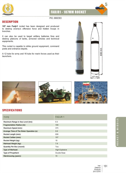 Cỡ nòng chính xác của khẩu pháo phản lực Fadjr-1 là 107mm và có cơ chế nạp đạn từ phía sau. Khẩu pháo này có khả năng hạ góc bắn xuống tối đa -3 độ và cao nhất là 57 độ.