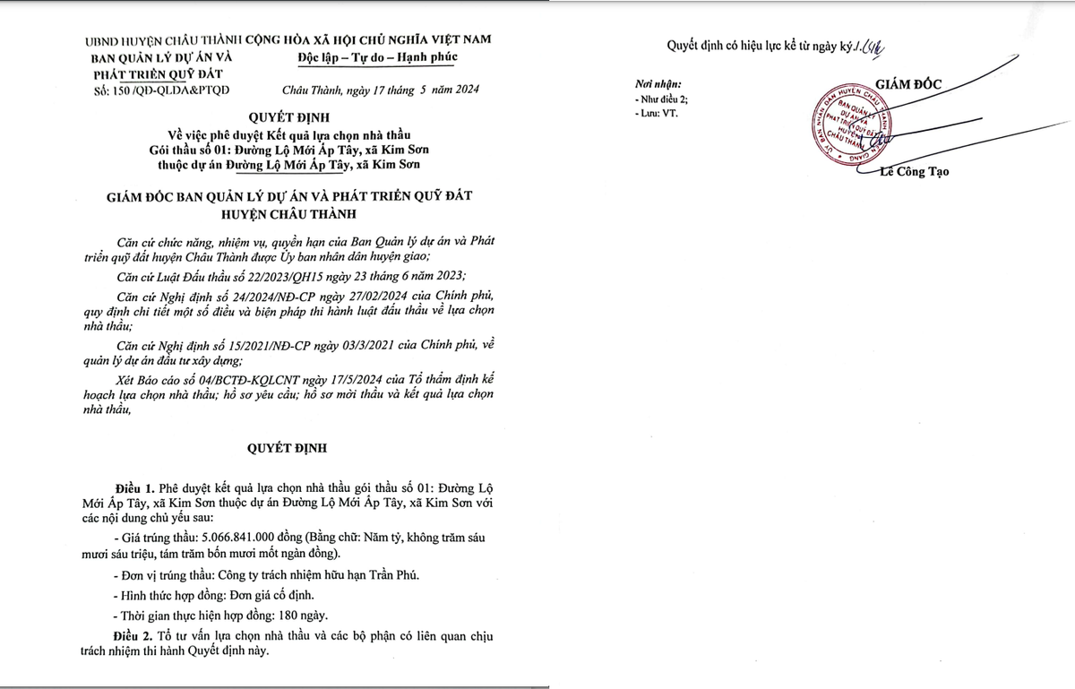 Tiền Giang: Gói thầu gần 6 tỷ tại Châu Thành về tay Cty Trần Phú Tien Giang: Goi thau gan 6 ty tai Chau Thanh ve tay Cty Tran Phu