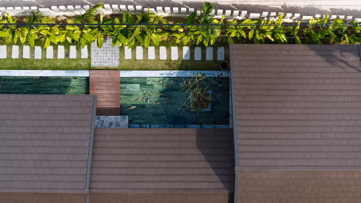 Thay vì lối vào trực tiếp, lối vào nhà đi qua một hành lang xanh tươi và con đường bằng đá tự nhiên được trang trí bằng cây xanh tươi mát và hồ cá Koi, mang đến bầu không khí trong lành.