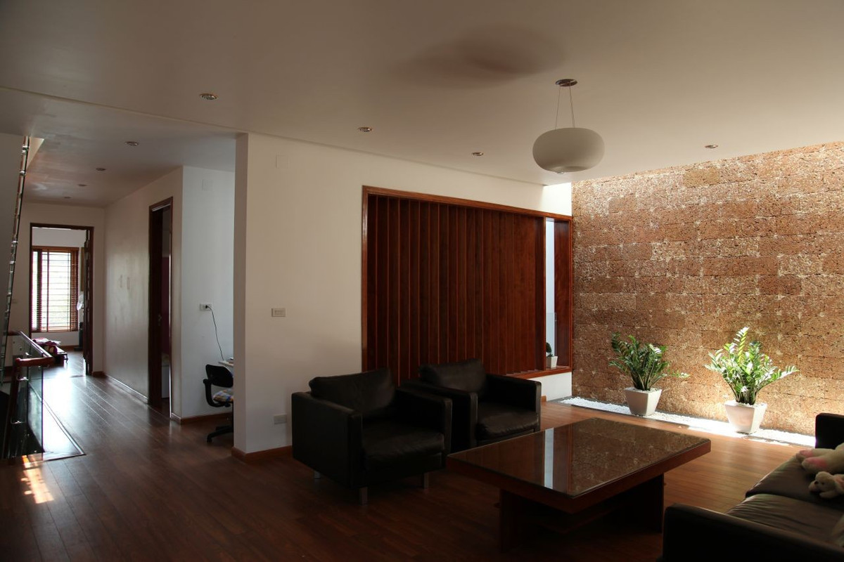 Phòng khách bố trí cạnh giếng trời lấy sáng.