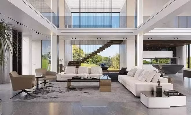 Biệt thự của Sam có kiến trúc độc đáo với hồ bơi lớn bao quanh, phòng khách lớn có cửa kính và trần nhà cao giúp lấy ánh sáng tự nhiên tối đa. Ảnh: FBNV