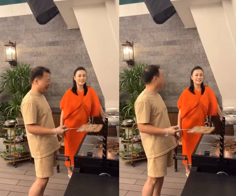 Đáng chú ý, trong clip mới đây, Shark Bình trực tiếp nướng thịt để vợ làm bún chả. Ảnh chụp màn hình