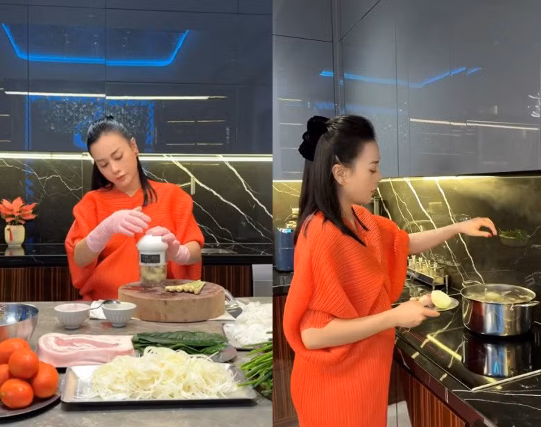 Sau khi kết hôn với Shark Bình, Phương Oanh dành trọn thời gian để dưỡng thai và chăm sóc gia đình. Series clip cơm nhà của nữ diễn viên thu hút sự quan tâm của cộng đồng mạng. Ảnh chụp màn hình