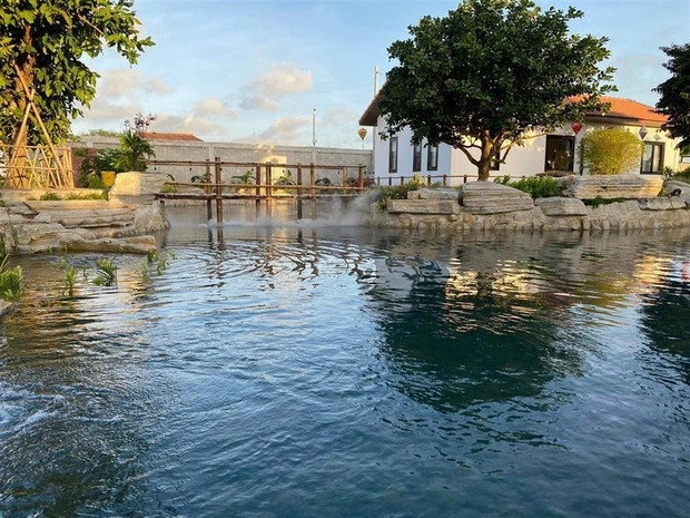 Khuôn viên biệt thự có nhiều khu bao gồm hồ cá, sân vườn, bãi cát trắng và nhà ở hiện đại. Ảnh chụp màn hình