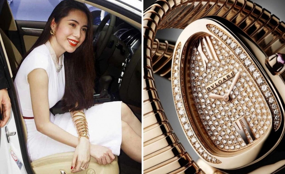 Chưa hết, năm 2012 Công Vinh khiến dân mạng phải xuýt xoa khi tặng Thủy Tiên một chiếc đồng hồ hình rắn giá 4 tỷ đồng. Đó là chiếc đồng hồ của nhãn hiệu Bvlgari, có tên Bvlgari Serpenti 7 Coil Watch và thuộc BST xa xỉ nhất của thương hiệu này. Chất liệu chính của đồng hồ là thép mạ vàng, mặt đồng hồ đính 190 viên kim cương tinh xảo và phần viền mặt được khảm thêm 38 viên kim cương khác. Ảnh: Internet