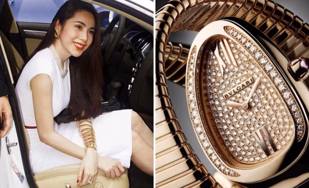 Chưa hết, năm 2012 Công Vinh khiến dân mạng phải xuýt xoa khi tặng Thủy Tiên một chiếc đồng hồ hình rắn giá 4 tỷ đồng. Đó là chiếc đồng hồ của nhãn hiệu Bvlgari, có tên Bvlgari Serpenti 7 Coil Watch và thuộc BST xa xỉ nhất của thương hiệu này. Chất liệu chính của đồng hồ là thép mạ vàng, mặt đồng hồ đính 190 viên kim cương tinh xảo và phần viền mặt được khảm thêm 38 viên kim cương khác. Ảnh: Internet