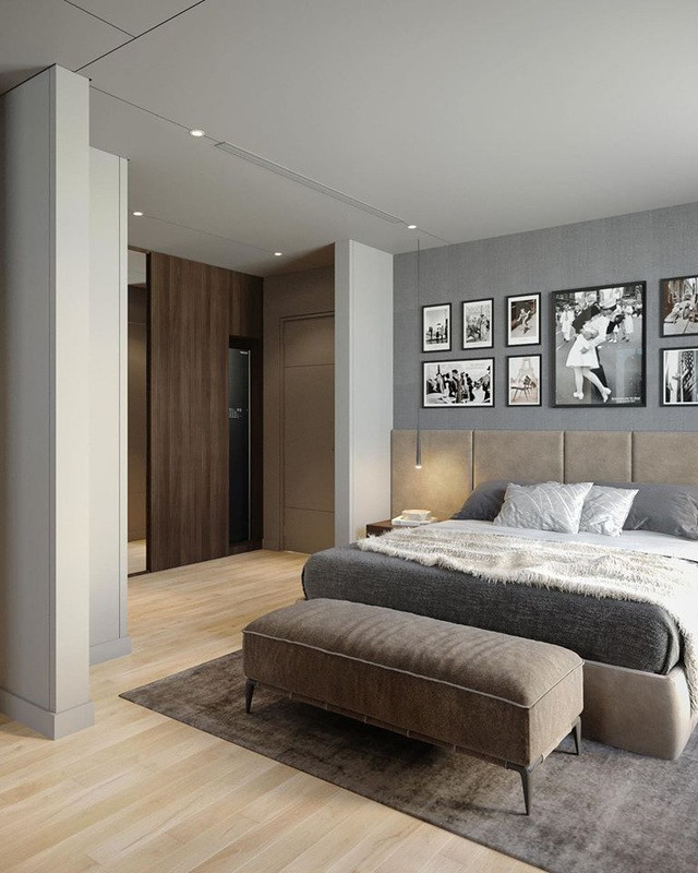 Phòng ngủ có tông màu tối giản. Ảnh: FB Trung Thanh Vo