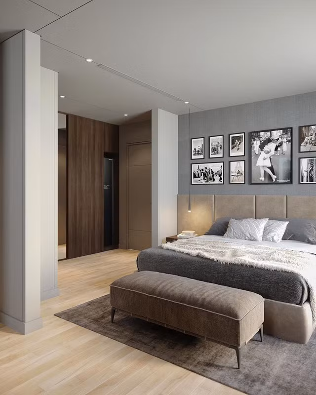 Phòng ngủ có tông màu tối giản. Ảnh: FB Trung Thanh Vo